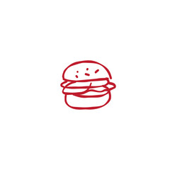 Simple red line drawing of a classic burger on white background