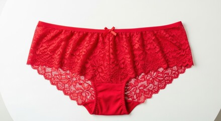Red lace women underwear with floral patterns and small decorative bow on a plain background