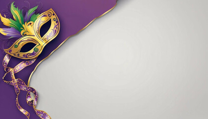 Elegant Gold and Purple Venetian Mask on Gray Background Perfect for Mardi Gras, Carnival, or Masquerade Event Invitations