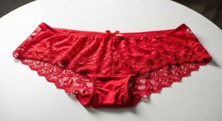 Red lace lingerie panties with intricate floral patterns laid flat on a white surface