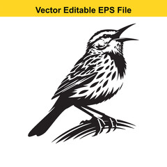 Obraz premium Striking Bird Silhouette A Meadowlark Singing with Beak Open on Grass Blades in Black and White Vector Design