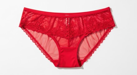 Close up of elegant red lace and mesh women's underwear on white background