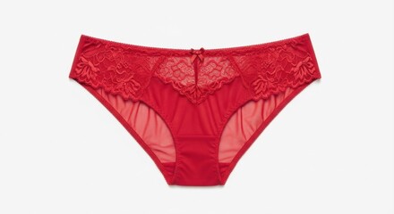 Red lace and mesh women's underwear panty with delicate floral design on white background