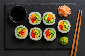 Vegetable Maki Sushi Rolls with Soy Sauce and Wasabi, a Fresh and Healthy Japanese Dish