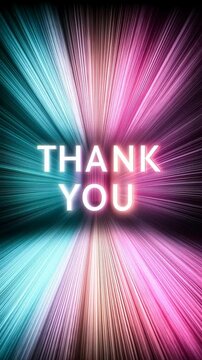 THANK YOU text is rendered in white with a metallic shine against a backdrop of horizontal neon blue, pink, and purple stripes, creating a vibrant and motion-filled thank you message.