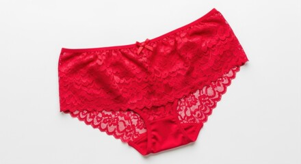 close up of elegant red lace women panties with floral patterns and bow detail on white background