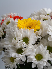 a bouquet of chamomile flowers and old books on a table on a natural background. a composition with books in a rustic style. the concept of reading and relaxing. the summer season. template for regist