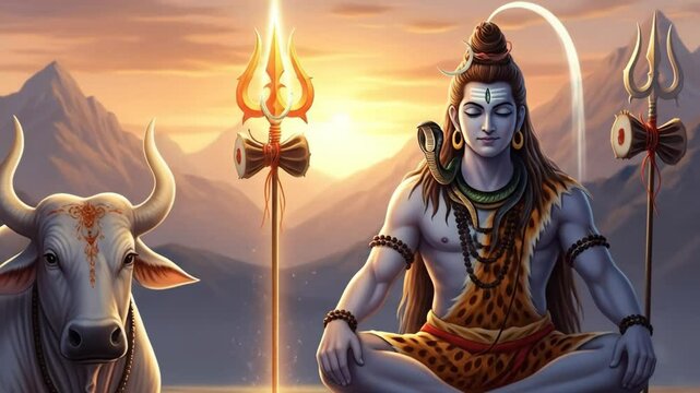 Meditative portrayal of the Hindu god shiva with nandi in tranquil mountain setting at sunset