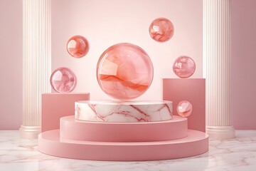 Pastel product display with glass spheres and marble base
