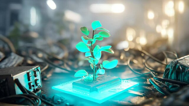 Gr&uuml;ne Pflanze w&auml;chst aus Schaltkreis zwischen Elektroschrott und Kabeln sowie Prozessor, Mikrochip gl&uuml;ht gr&uuml;n. K&uuml;nstliche Intelligenz KI