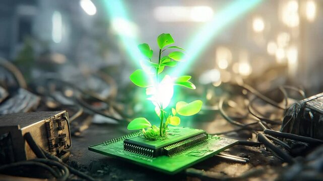 Gr&uuml;ne Pflanze w&auml;chst aus Schaltkreis zwischen Elektroschrott und Kabeln sowie Prozessor, Mikrochip gl&uuml;ht gr&uuml;n. K&uuml;nstliche Intelligenz KI