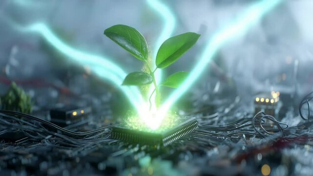 Gr&uuml;ne Pflanze w&auml;chst aus Schaltkreis zwischen Elektroschrott und Kabeln sowie Prozessor, Mikrochip gl&uuml;ht gr&uuml;n. K&uuml;nstliche Intelligenz KI