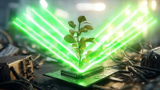 Gr&uuml;ne Pflanze w&auml;chst aus Schaltkreis zwischen Elektroschrott und Kabeln sowie Prozessor, Mikrochip gl&uuml;ht gr&uuml;n. K&uuml;nstliche Intelligenz KI