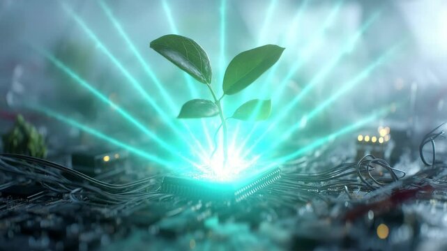 Gr&uuml;ne Pflanze w&auml;chst aus Schaltkreis zwischen Elektroschrott und Kabeln sowie Prozessor, Mikrochip gl&uuml;ht gr&uuml;n. K&uuml;nstliche Intelligenz KI
