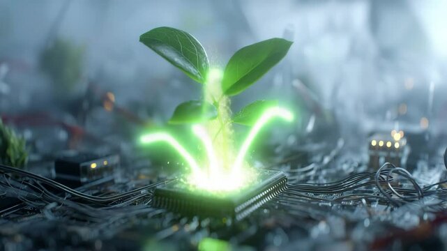 Gr&uuml;ne Pflanze w&auml;chst aus Schaltkreis zwischen Elektroschrott und Kabeln sowie Prozessor, Mikrochip gl&uuml;ht gr&uuml;n. K&uuml;nstliche Intelligenz KI