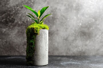 Organic product scene with concrete base and moss for nature-themed branding

