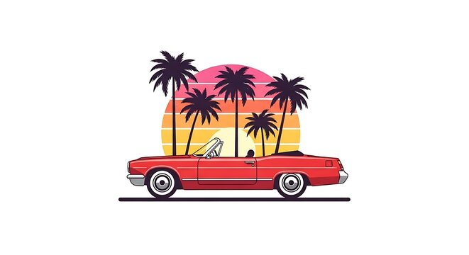 A red convertible car parked in front of a sunset and palm trees.