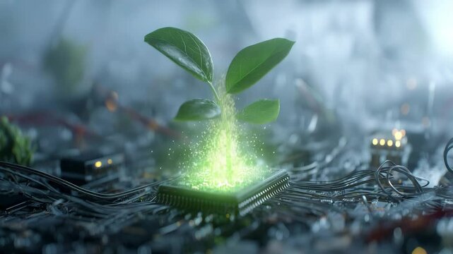 Gr&uuml;ne Pflanze w&auml;chst aus Schaltkreis zwischen Elektroschrott und Kabeln sowie Prozessor, Mikrochip gl&uuml;ht gr&uuml;n. K&uuml;nstliche Intelligenz KI