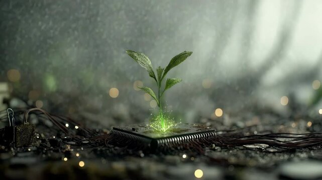 Gr&uuml;ne Pflanze w&auml;chst aus Schaltkreis zwischen Elektroschrott und Kabeln sowie Prozessor, Mikrochip gl&uuml;ht gr&uuml;n. K&uuml;nstliche Intelligenz KI
