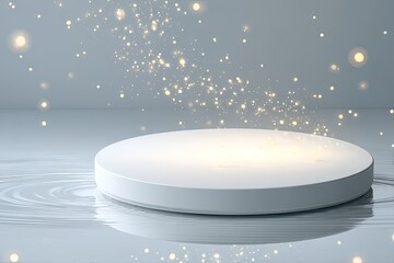 White circular podium,  sparkling particles