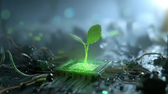 Gr&uuml;ne Pflanze w&auml;chst aus Schaltkreis zwischen Elektroschrott und Kabeln sowie Prozessor, Mikrochip gl&uuml;ht gr&uuml;n. K&uuml;nstliche Intelligenz KI