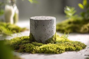 Organic product scene with concrete base and moss for nature-themed branding
