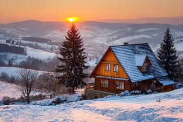 Snowy mountain sunset, wooden chalet