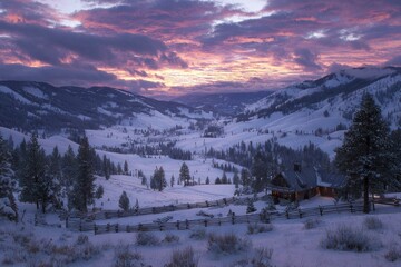 Winter sunrise over snowy valley with cabin