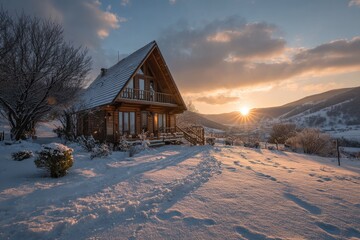 Snowy chalet at sunset