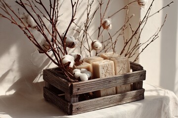 Wooden crate filled with beige soaps, surrounded by cotton branches