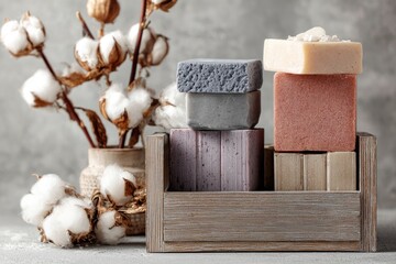 Stacked handmade soaps in wooden crate with cotton branches