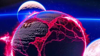 camera slowly orbits around a gigantic glowing red alien planet, which rotates majestically in deep space - Powered by Adobe