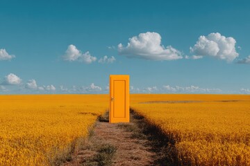 Bright yellow door in a field
