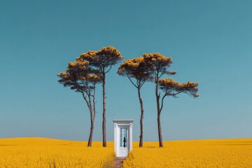 White doorway in a field of yellow flowers, with three tall pines