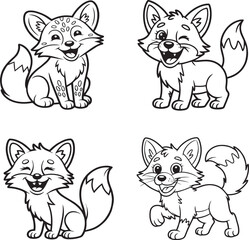 Obraz premium Four cute cartoon foxes in black and white poses ready for coloring or design use