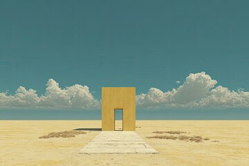 Golden structure in a vast desert landscape