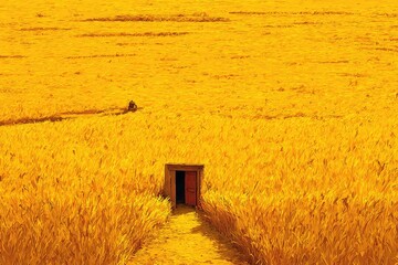 Golden field path to a dark door