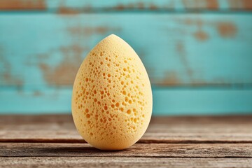 Yellow sponge egg on rustic wood, teal backdrop