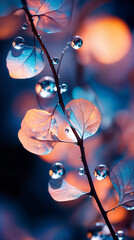 Macro shot of delicate leaves and water droplets. Abstract nature close-up with glowing blue and peach lighting. Dreamlike colors and tranquil minimalist composition.