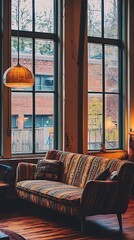 Couch with a lamp hanging from the ceiling in front of a window