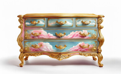Vintage Dresser Victorian or Baroque style with delicate decoupage paper of floral elements and clouds, collage of flowers. Retro Furniture element on white background
