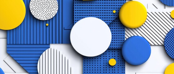 Abstract composition featuring overlapping circles and rectangles in shades of blue, white, and yellow, with varied textures like stripes and polka dots