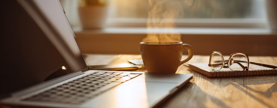 The steaming coffee cup beside a sleek laptop in warm morning light