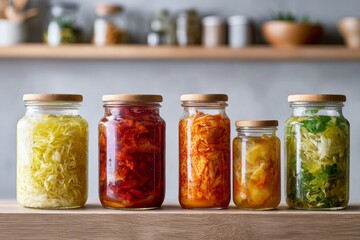 A row of glass jars filled with various types of food, including pickles