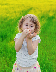 Child playing with ladybug. Selective focus.