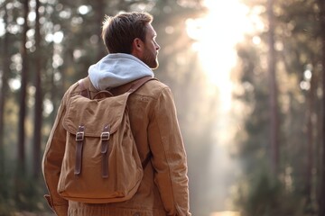 A man with a backpack looking towards sunlight in a forest, standing in a forest clearing looking at the sun.