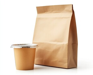 Light brown paper lunch bag beside a light orange food container
