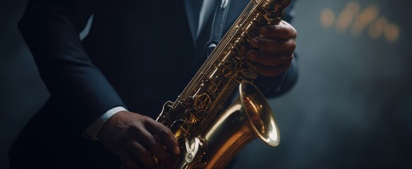 Fototapeta premium The saxophone played in a stylish, atmospheric jazz setting.