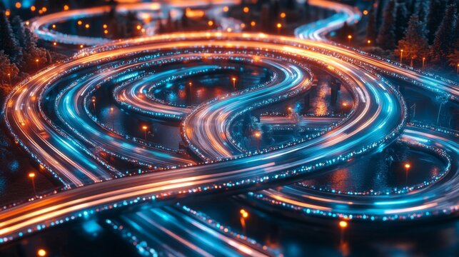 Aerial View of a Glowing Orange and Blue Highway Cityscape at Night