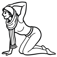 Woman in a scarf performing a yoga pose, kneeling and stretching
